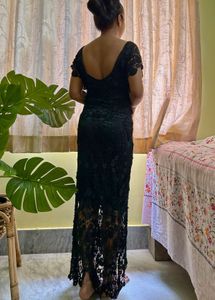Black Beaded Crochet Maxi Dress
