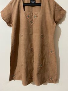 Embroidered Brown Knee Length Kurta