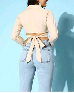 Beige V Neck Wrap Up Crop Top 🫶🏻🍄