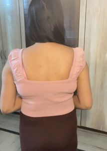 Pink Ribbed Tie-Front Top