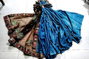 Elegant Blue & Brown Embroidered Saree