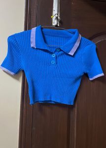 Blue Knit Polo Crop Top