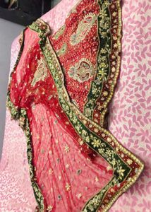 Cherry Red &amp; Green  Embroidered Lehnga With Dupatt