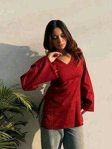 Maroon V-Neck Long Sleeve Kurti