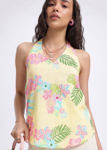 Butter Yellow Tropical Printed Halter Neck Top
