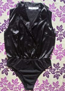 blacksatinbodysuit with a collared, wrap-style Top