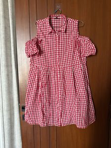 Red Check Casual Knee Length Dress