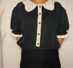 Black Knit Top with White Collar