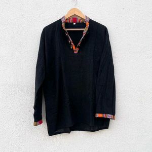 UNISEX Black Long Sleeve Pahadi Kurta with Trim