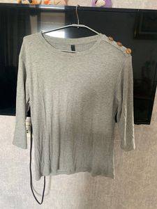 Grey Ribbed Top With Shoulder Buttons