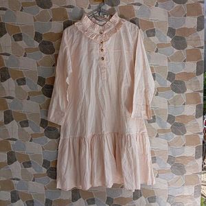 Ruffled Neck Tiered Mini Dress - Light Peach