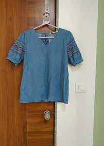 All About You Embroidered Sleeve Denim Top