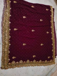 Maroon &amp; Gold Embellished Saree 🔥