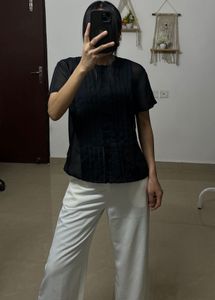 Black Sheer Chiffon Pleated Tops