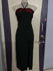 Corset Black Halter Dress with Red Detail