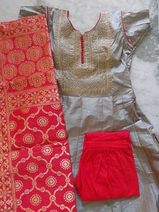 Silk Neck Zardosi Work Kurta Set