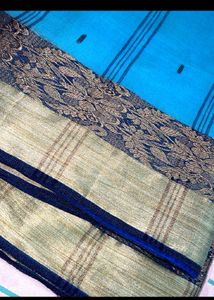 Cyan Color Saree with (blue) Gold Border