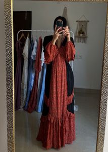 Printed Orange-Black Tiered BOHO Maxi