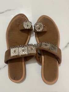 Ethnic Brown Flats with Silver Detail