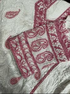 White &amp; Pink Chikenkari Cutdana Work Kurta