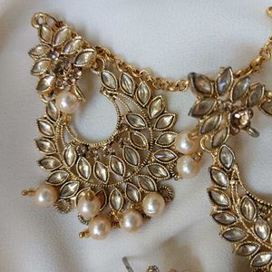 Gold Plated Pearl Earrings Tikka Set