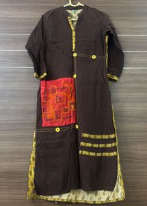 Brown Linen Cotton Kurti With Red Patchwork