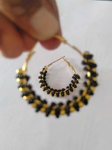 Black &amp; Gold Beaded Hoop Earrings