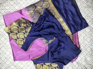 Purple Silk Saree with Navy &amp; Gold Border
