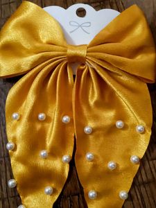 Elegant New Hair Bows – Golden &amp; White with Pearls
