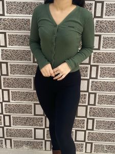 Green Ribbed Button-Down Top