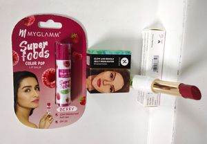Sugar Gold And Behold Jelly Highlighter, Myglamm Color Pop Lipbalm, Myglam Lit Liquid Matte Lipstick Combo (New)