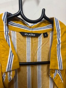 Yellow and White Striped Long Shirt Dress