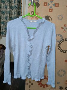 Light Blue Ruffle Trim Cardigan