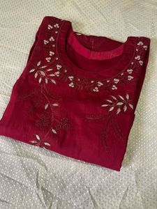 Elegant Maroon Embroidered Cotton Kurti