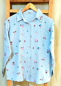 Sky Blue Printed Cotton Shirt Size-42