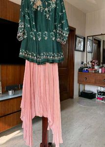 Green Ans Peach Plazo &amp; Short Kurta Set