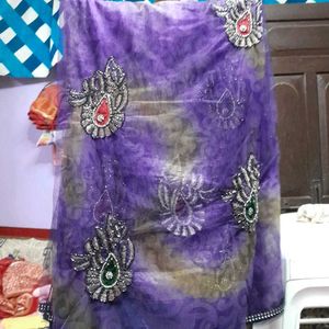 Purple Embellished net party wear saree