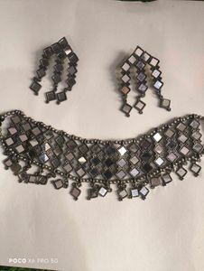 Trendy Oxidised Mirror Choker Set with Earrings