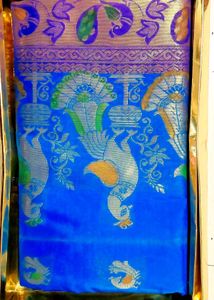 Blue Silk Saree with Peacock Motif