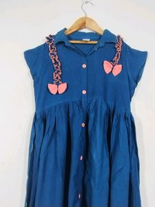 Teal Blue Printed Collar Neck Dress (Girls)