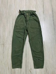 Zara Olive Green Ruffle Waist Denim Pants