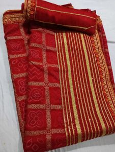 Red Saree With Golden Print Work