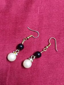 Pearl &amp; Black Bead Dangle Earrings