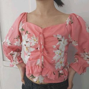 Pink Crop Top With Ruffles