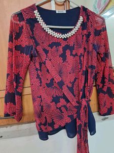 Red &amp; Blue Top With Net Sleeves