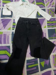 combo of white shirt and charcoal jeans
