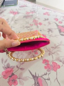 Heavy Pink Embroidered Gota patti Potli Bag