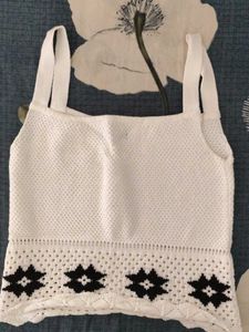 Boho White Knit Crop Top w/ Tribal Hem