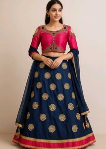 Navy Blue Lehenga with Pink Cutwork Blouse