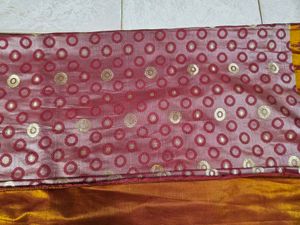 Red And GoldVelvet Saree with Stitched Blouse